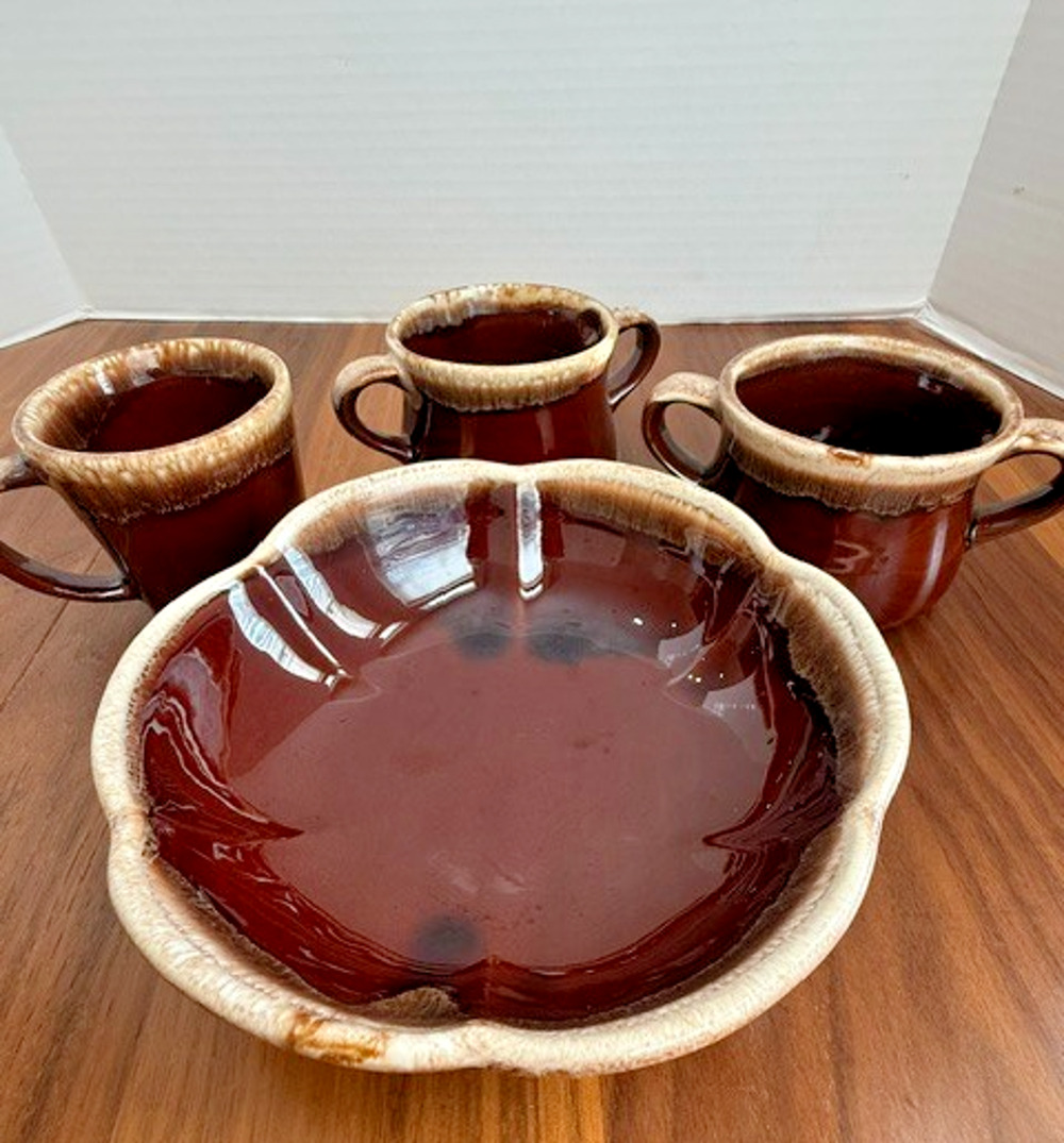 Vintage MCM Brown MCCOY Drip Glaze Pottery Set Mugs Bowls USA Oven Proof